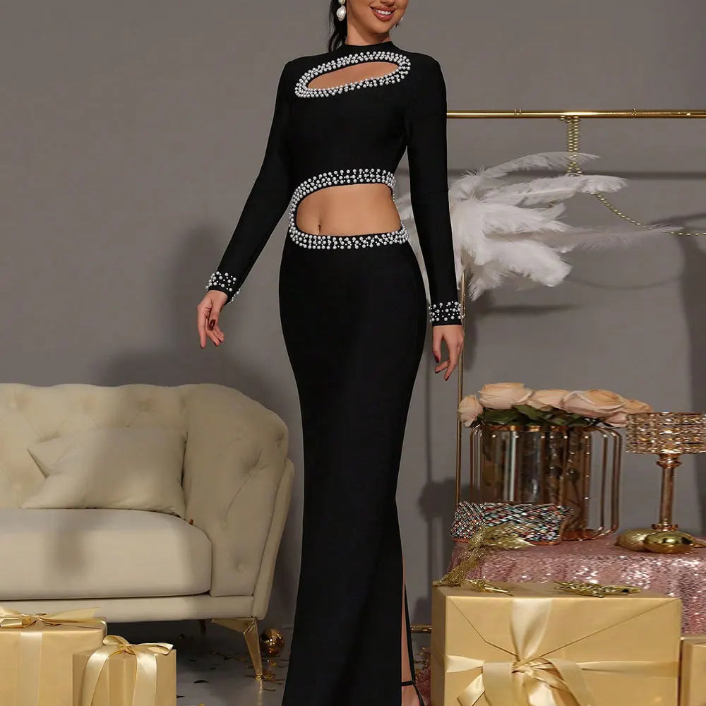 2025 Sexy Women's Pearl Nail Bead Design Bandage Long Dress Stand Collar Long Sleeve Bodycon Hollow Dress Cocktail Banquet Dress