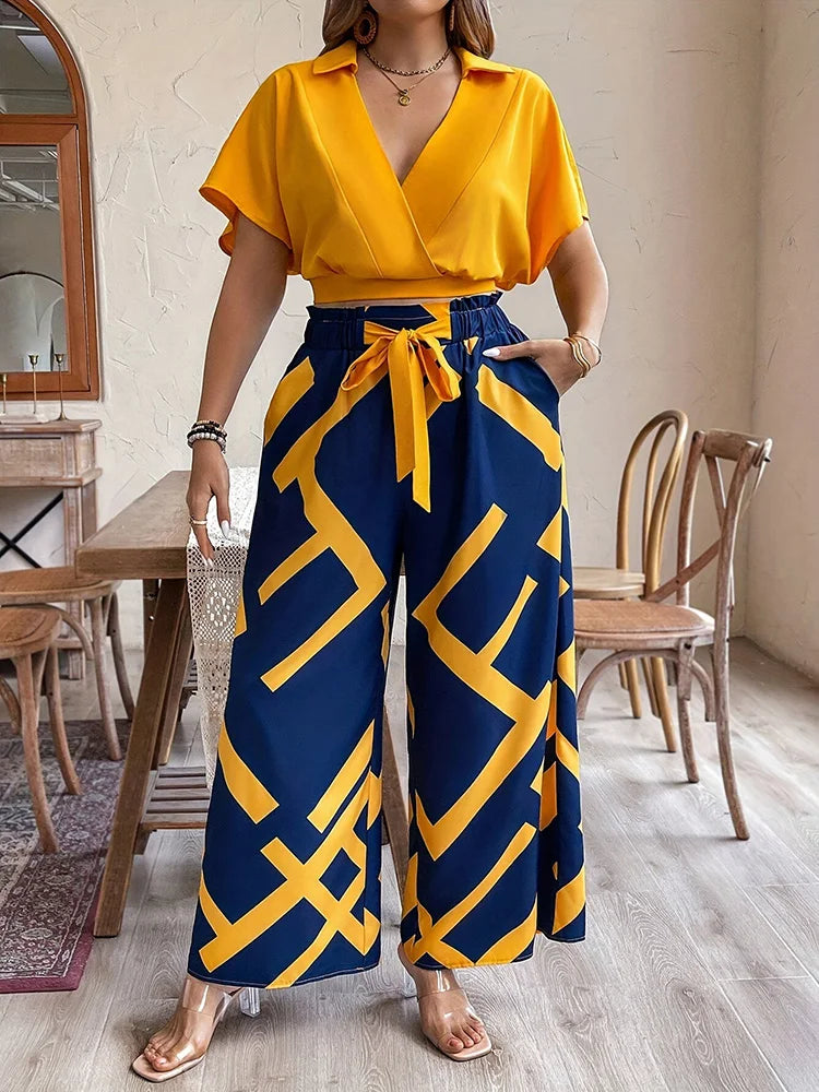 GIBSIE Plus Size Pants Set Women Summer V-neck Short-sleeved Crop Top Printed Tie Front Wide Leg Trousers Vacation Two-piece Set