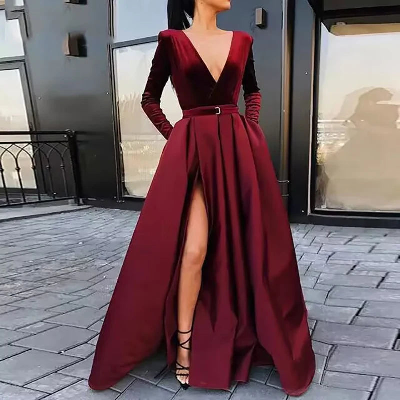 Gorgeous V-Neck Evening Dresses Long Sleeve Satin Side Slit Prom Dress High Waist Evening Gown Party Robe de soiree