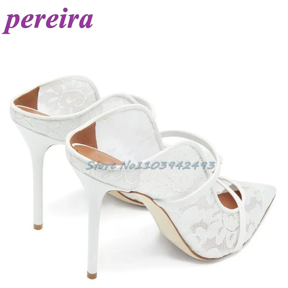 White Mesh Print Heeled Sandals Pointed Toe Strappy High Heels Women Luxury Designer Shoes Wedding Pull On Sandalias De Mujer