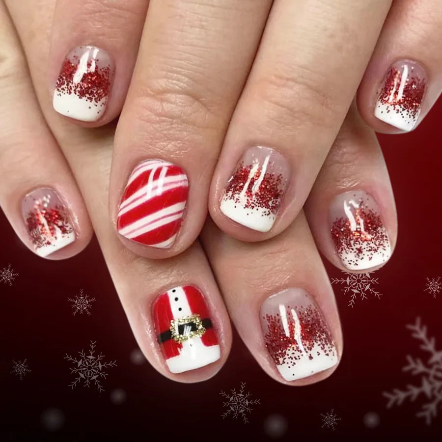 24pcs Christmas Short False Nails Press on Gradient Red Shiny Powder Nails Tips Wearable Square Fake Nail Glitter Manicure Sets