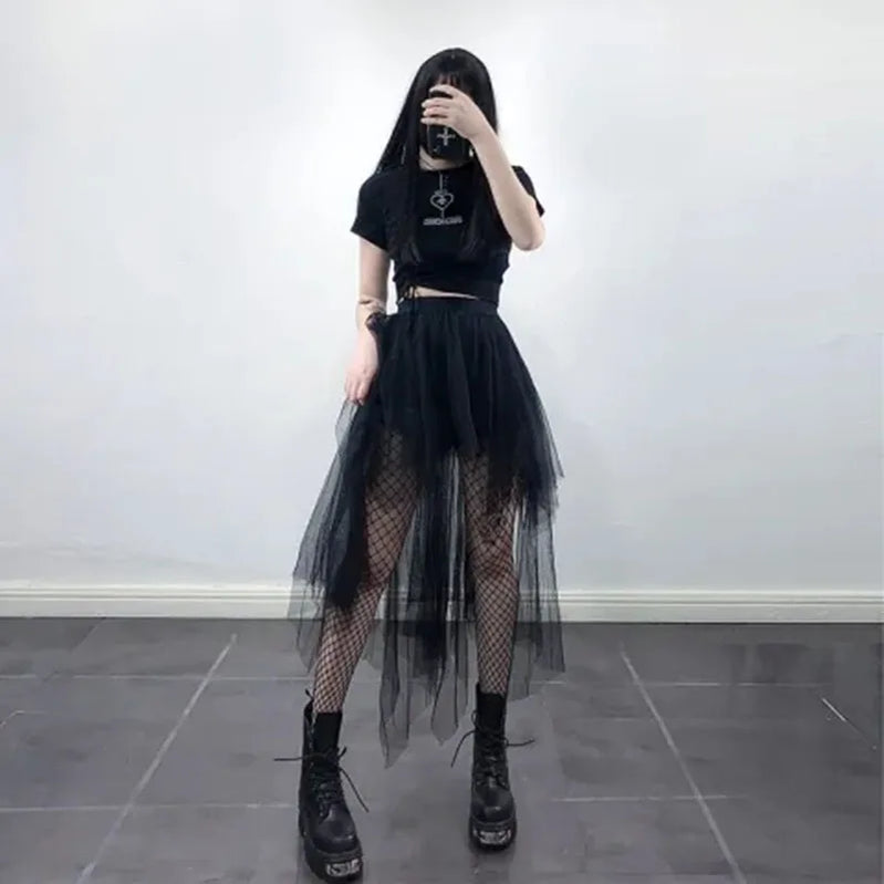 Gothic Black Mesh Skirt Women Summer Fashion High Waist Streetwear Irregular Midi Skirts Chic Dark Series Punk Stitching Skirts