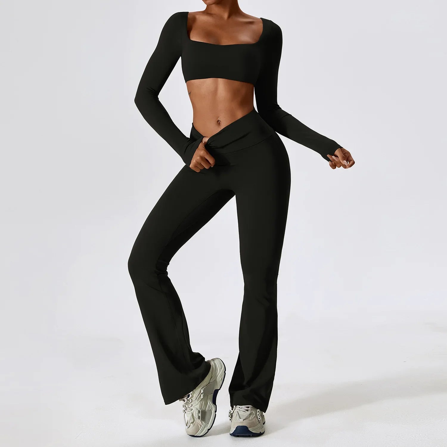 Yoga Set 2PCS Seamless Women Sportswear Workout Clothes Athletic Wear Gym Legging Fitness Bra Crop Top Long Sleeve Sports Suits Advanced Black Set-3 CHINA