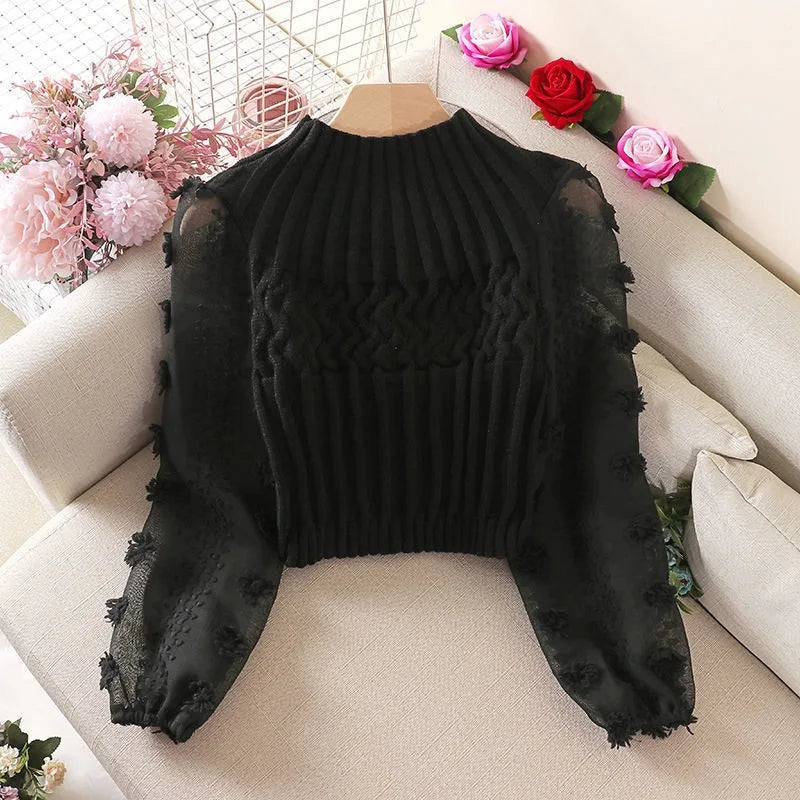 Women Half High Collar Sweaters Jumper Bubble Sleeve Mesh Stitching Tight Slim Short Knitted Tops Sweet Flowers Chiffon Shirt B