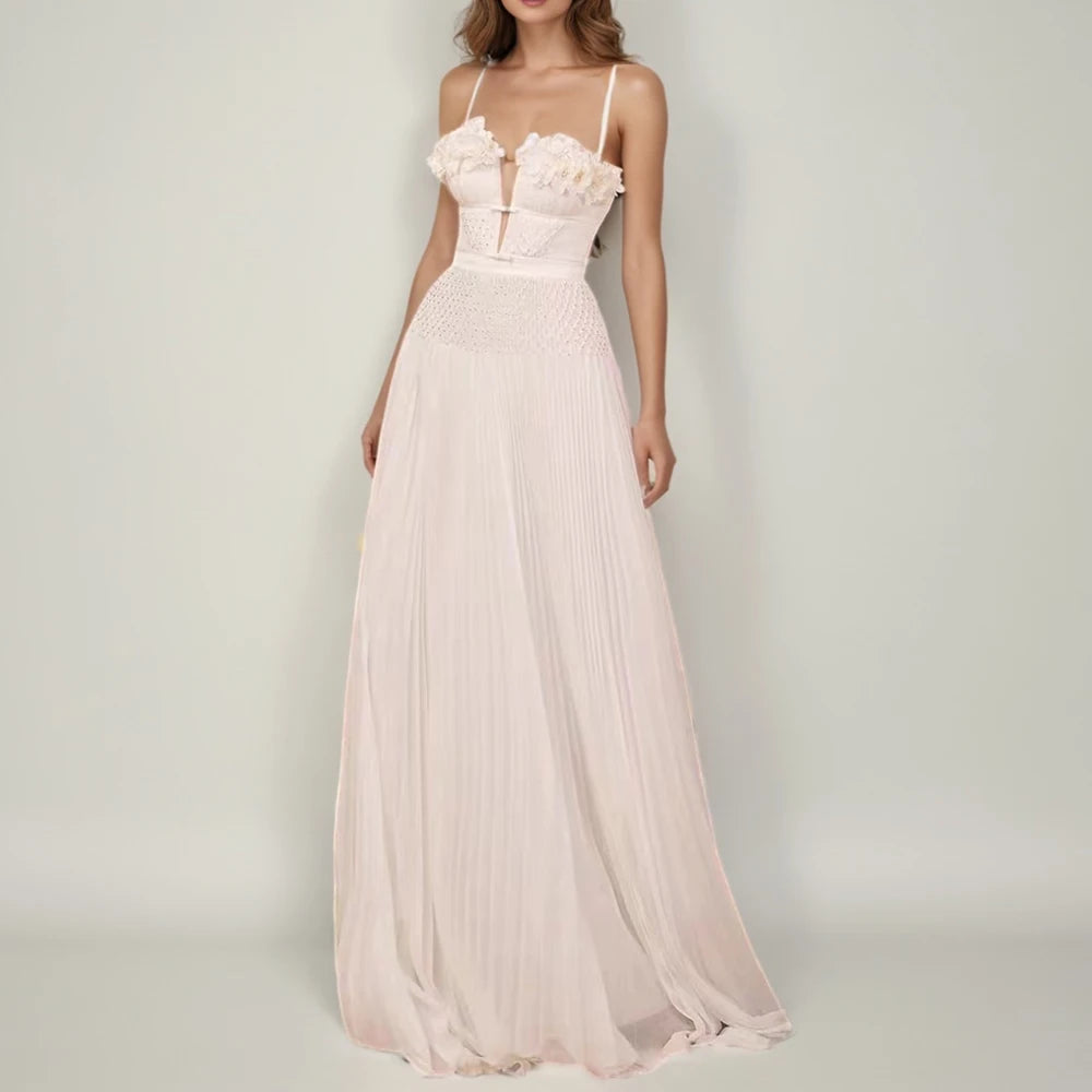 TWOTWINSTYLE Solid Spliced Appliques Elegant Dresses for Women Deep V Neck Sleeveless Patchwork Folds Dress Female Fashion New