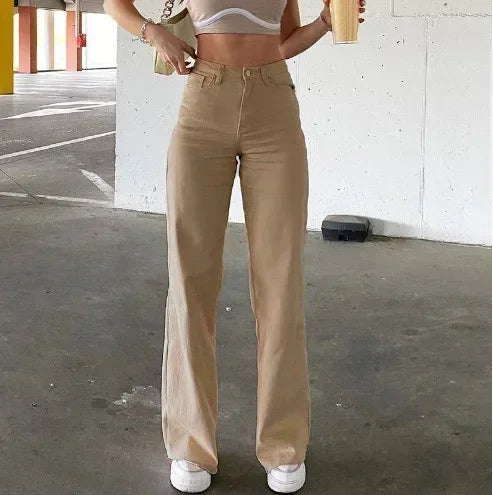 Solid Color Jeans for Women Loose and Slim European and American Style High-waisted Straight Pants for Women Casual Trousers Khaki
