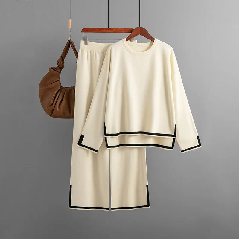 HLBCBG Knitted Women's Trousers Suit Two Piece Set Beige Winter Loose Long Sleeve Knitwear Flare Pants Sets Female Casual Suits Beige One Size