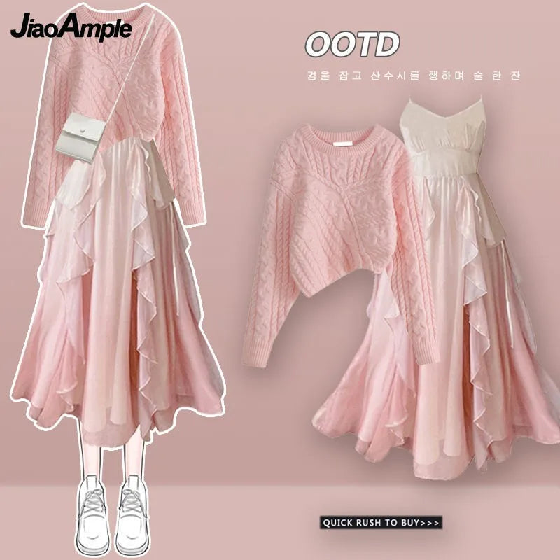 Women's Spring Autumn Fashion Cross Knitted Sweater+Strap Dress Two Piece Korean Elegant New in Matching Set Femlae Skirt