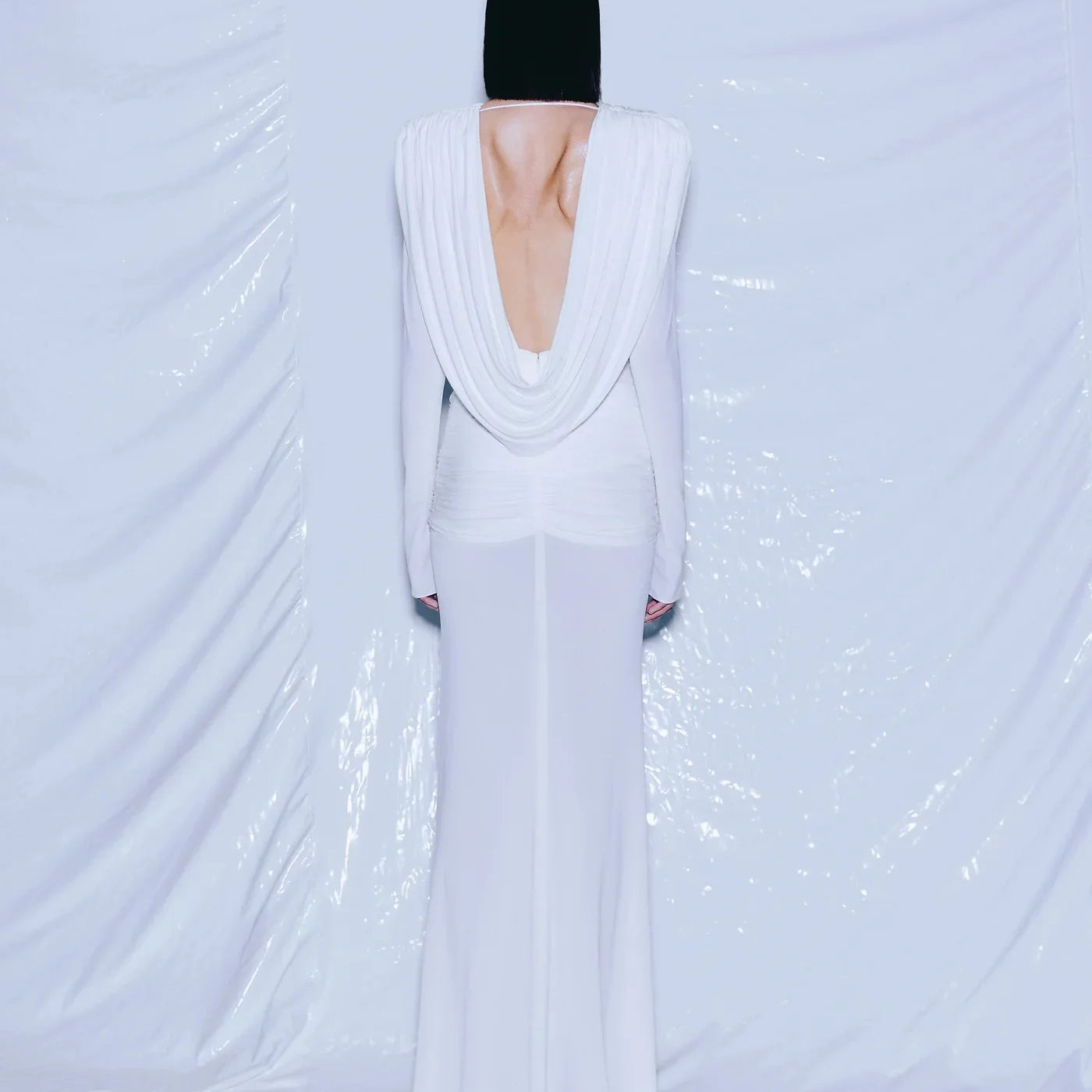 Women Celebrity Sexy Long Sleeve Deep V Neck Ruched White Maxi Long Gowns Dress 2025 Elegant Evening Party Club Vestido