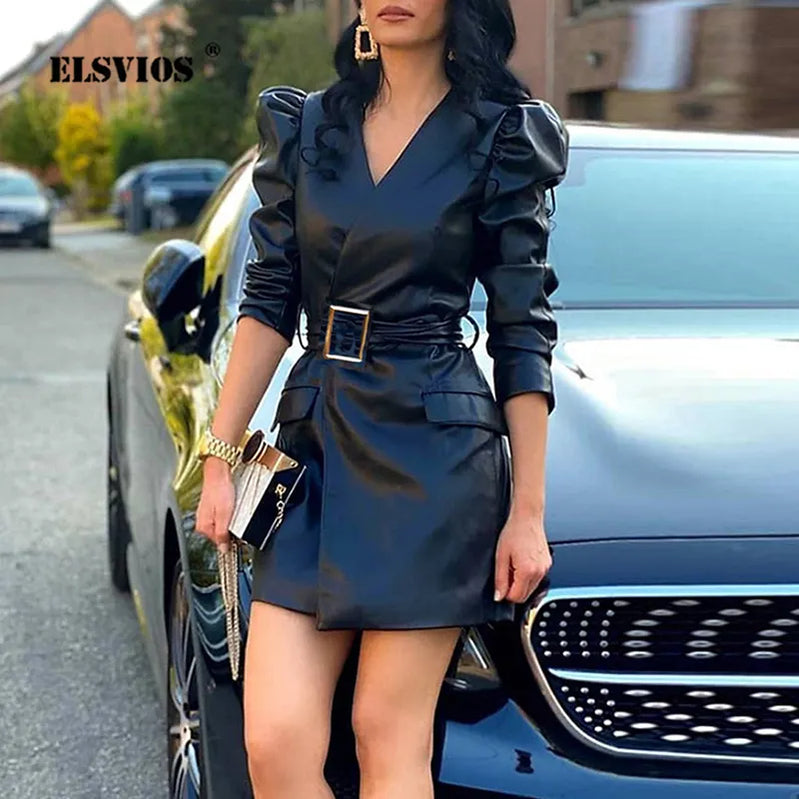 Autumn Winter Lady Fashion Pu Leather Kort klänning Ny fast färg Casual Long Sleeves Mid midja Elegant Belt Slim Party Dresses