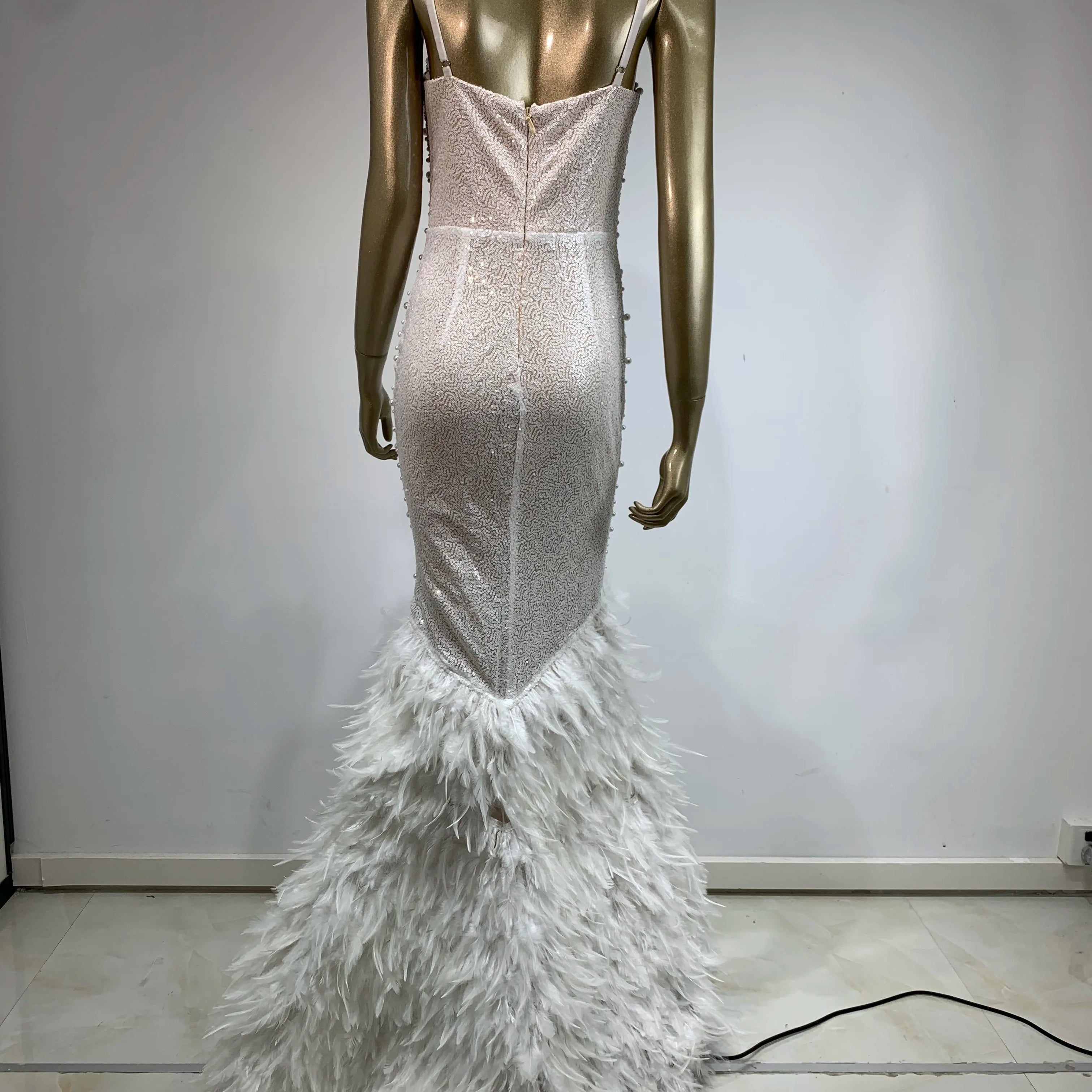 Women Celebrity Sexy V Neck Pearl Sequins Feather Maxi Long  Dress 2024 Elegant Party Evening Stage Performance Dress Vestido