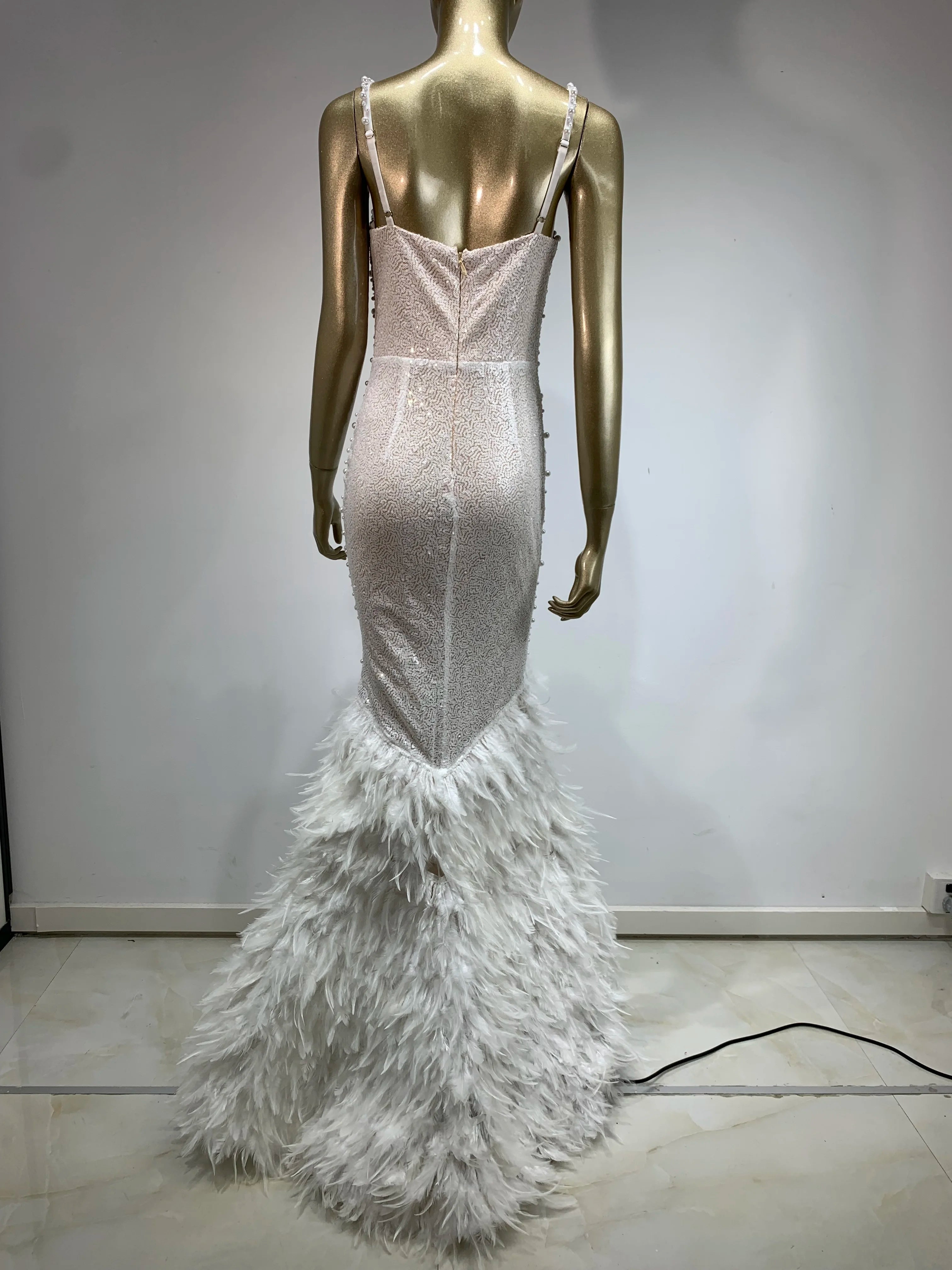 Women Celebrity Sexy V Neck Pearl Sequins Feather Maxi Long  Dress 2024 Elegant Party Evening Stage Performance Dress Vestido