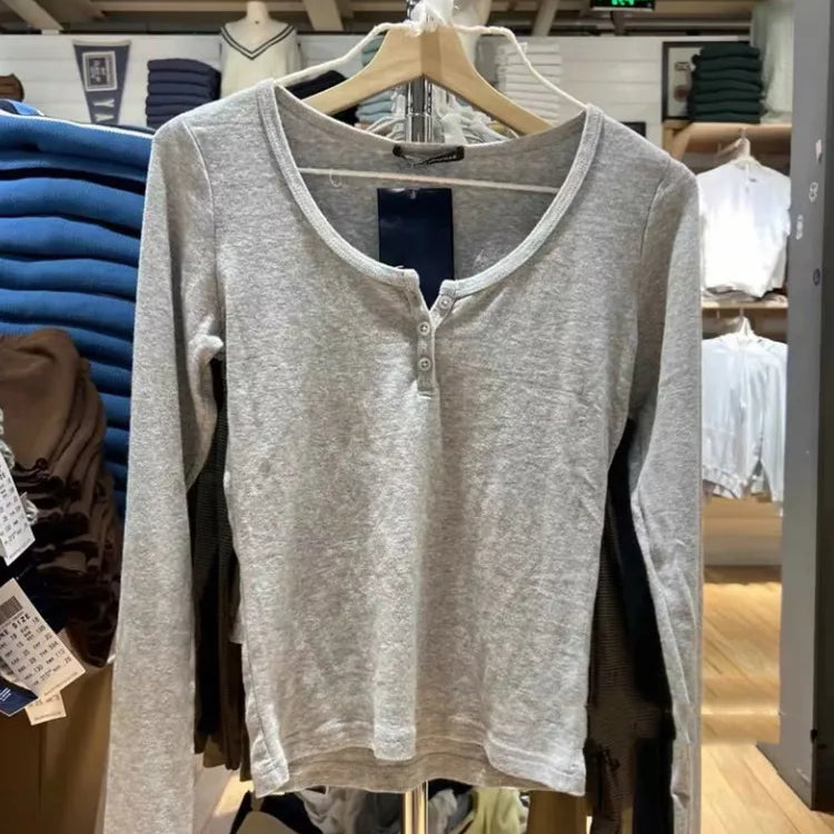 Casual Women Fashion Front Buttons Tees Fall Vintage O Neck Long Sleeves Solid Color T shirts Female Chic Tops