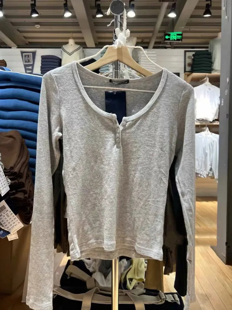 Casual Women Fashion Front Buttons Tees Fall Vintage O Neck Long Sleeves Solid Color T shirts Female Chic Tops