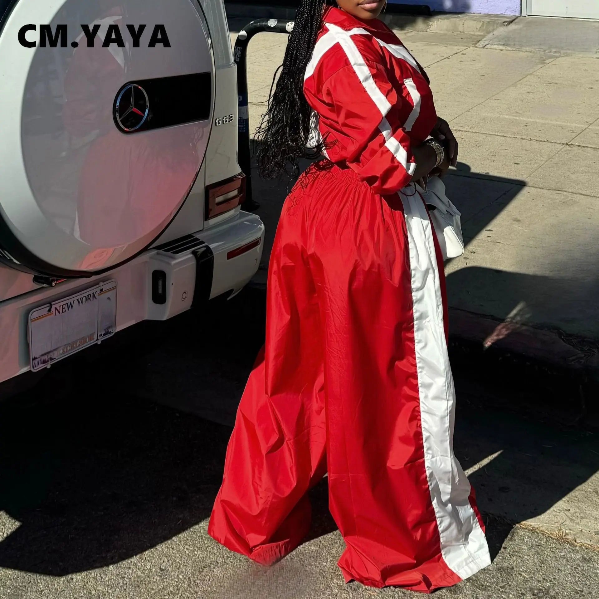 CM.YAYA Active Patchwork Women's Set Zipper Sweatshirt Jacket and Wide Leg Pants Suit 2025 INS Two 2 Piece Sets Outfit Tracksuit