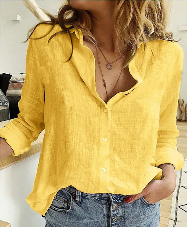 Women Casual Long Sleeve Cotton Linen Loose Shirt Elegant Solid Harajuku Lapel Blouse Vintage Oversize Tops Y2K Streetwear Tunic Yellow