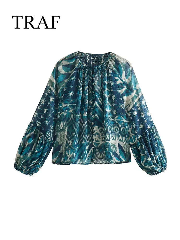 TRAF New Women Long Skirt Set Casual Long Sleeve Print Shirts + High Waist Slim Ankle-Length Skirts Set