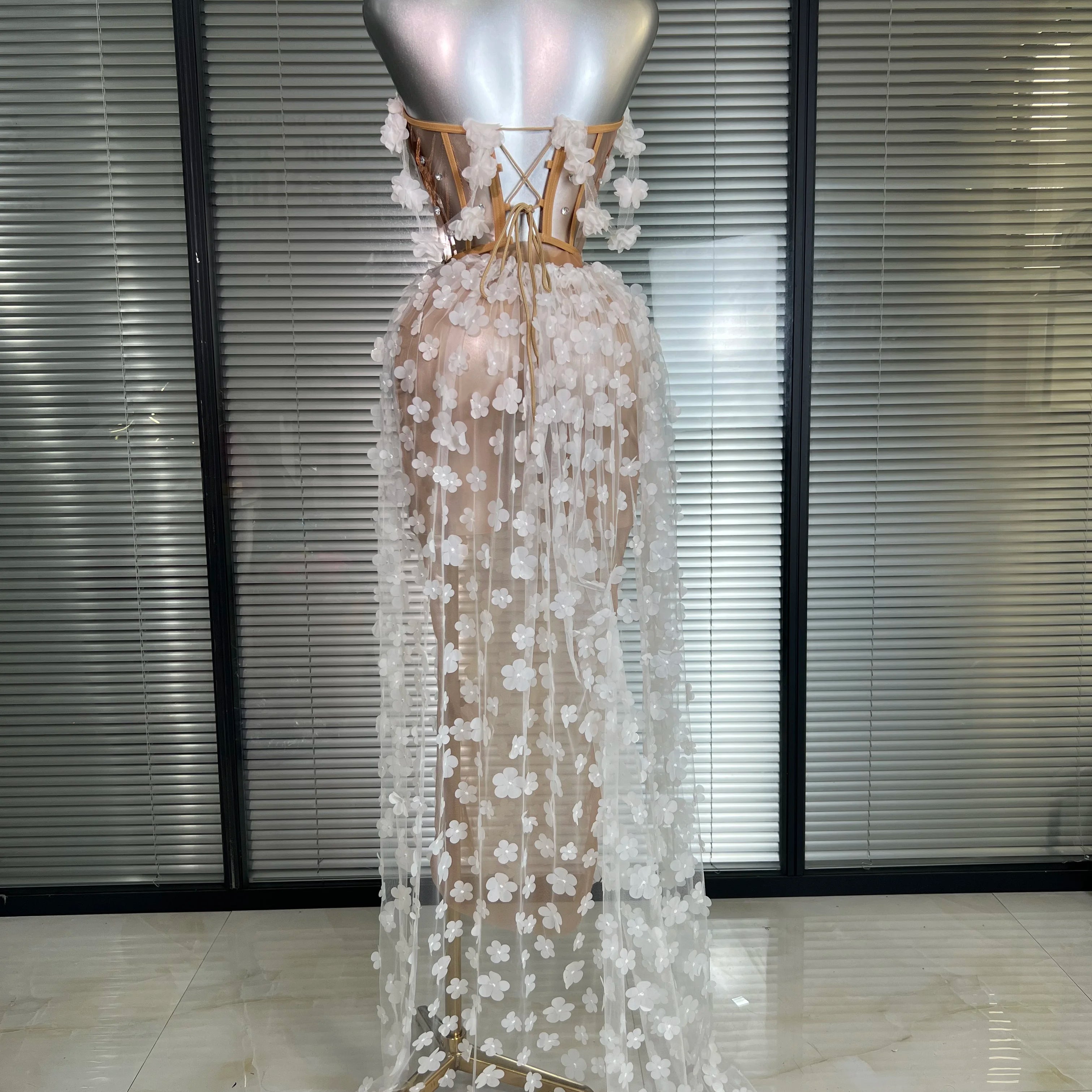 NEW Women Sexy Mesh Crystal Diamonds Maxi Dress See Through Party Singer Wedding Maxi Dress Stage Performance Costume
