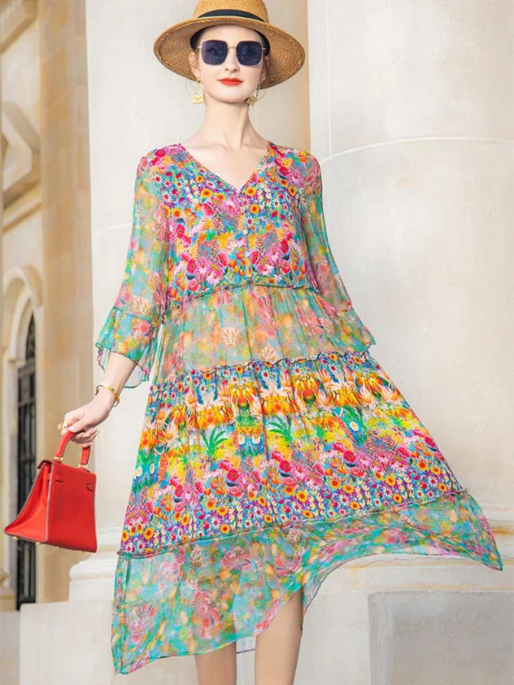 Summer 2023 Beach Boho Vintage Print Chiffon V Neck Dress Elegant Party Robe Designer Vestidos Loose Midi Dresses