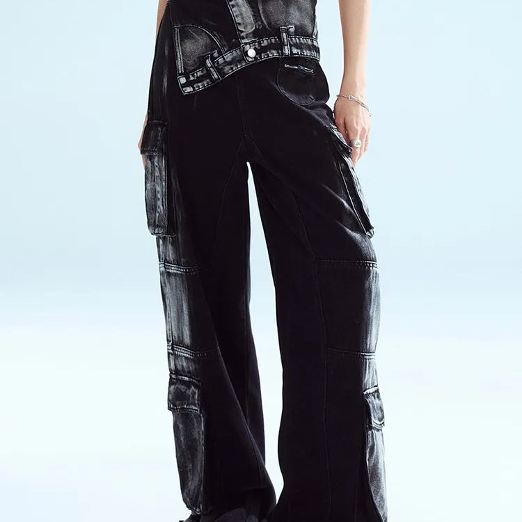 BPN Black Gothice Cargo Jeans For Women High Waist Patchwork Pockets Y2K Vintage Wide Leg Denim Pants Female Fashion Clothing