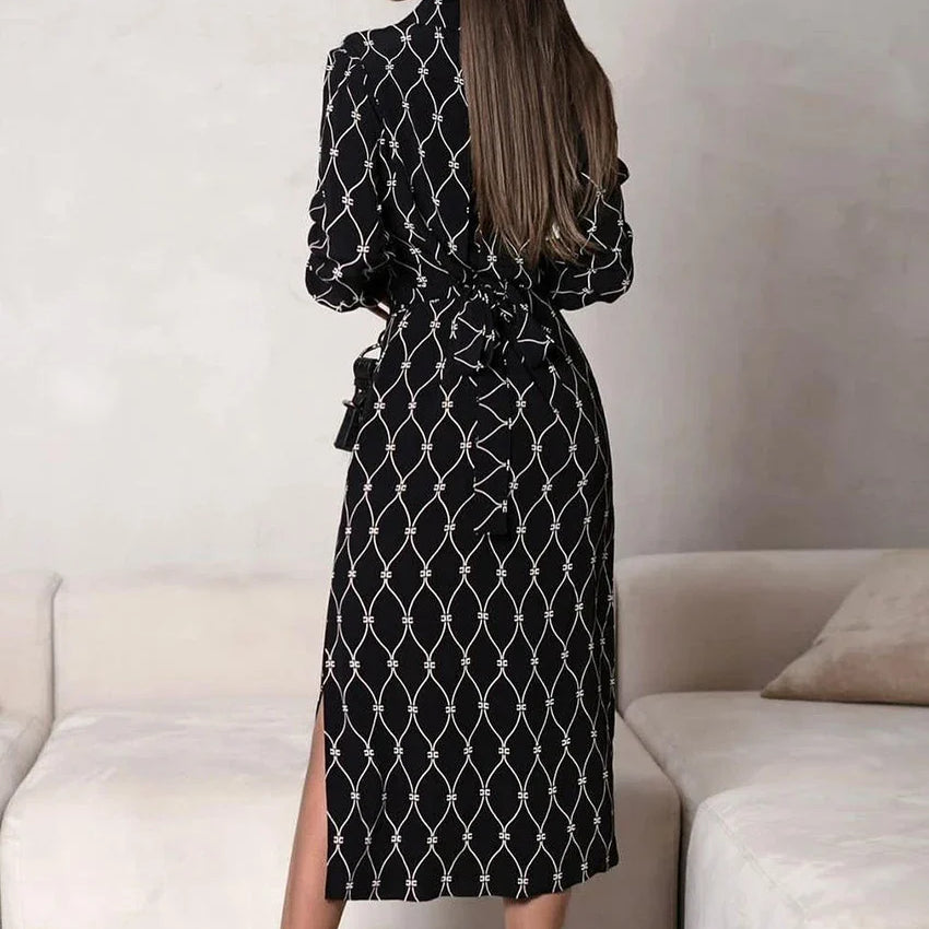 Clacive Fashion Loose Print Women'S Dress Casual Lapel Long Sleeve Midi Dresses Elegant Classic Lace-Up Slit Female Dress