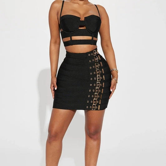 STOCK Fashion's Sexy Expose WaistWoman Set Hollow Out Short Spaghetti Strap Top And Blets Mini Skirt 2 Pieces High Street Wear