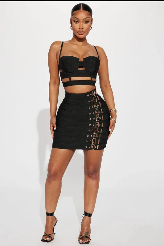 STOCK Fashion's Sexy Expose WaistWoman Set Hollow Out Short Spaghetti Strap Top And Blets Mini Skirt 2 Pieces High Street Wear