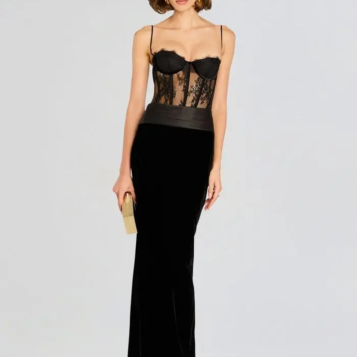 Black Color Women Sleeveless Sexy Strap Lace Bodycon Long Dress Valentine's Day Celebrate Birthday Vacation Outfit Vestido