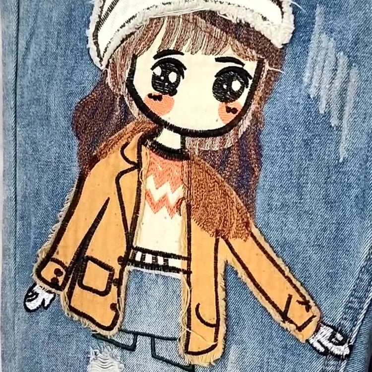 Cartoon Litter Girl Embroidery Denim Pants For Women Trendy Hole Casual High Waist Breeches Pockets Mom Harem Blue Jeans