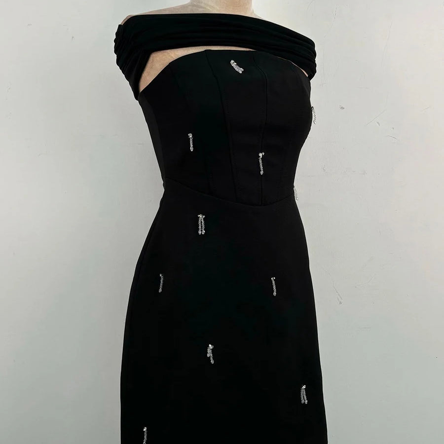 TWOTWINSTYLE Solid Slimming Spliced Bead Elegant Dresses for Women Strapless Sleeveless Temperament Mini Dress Female Fashion