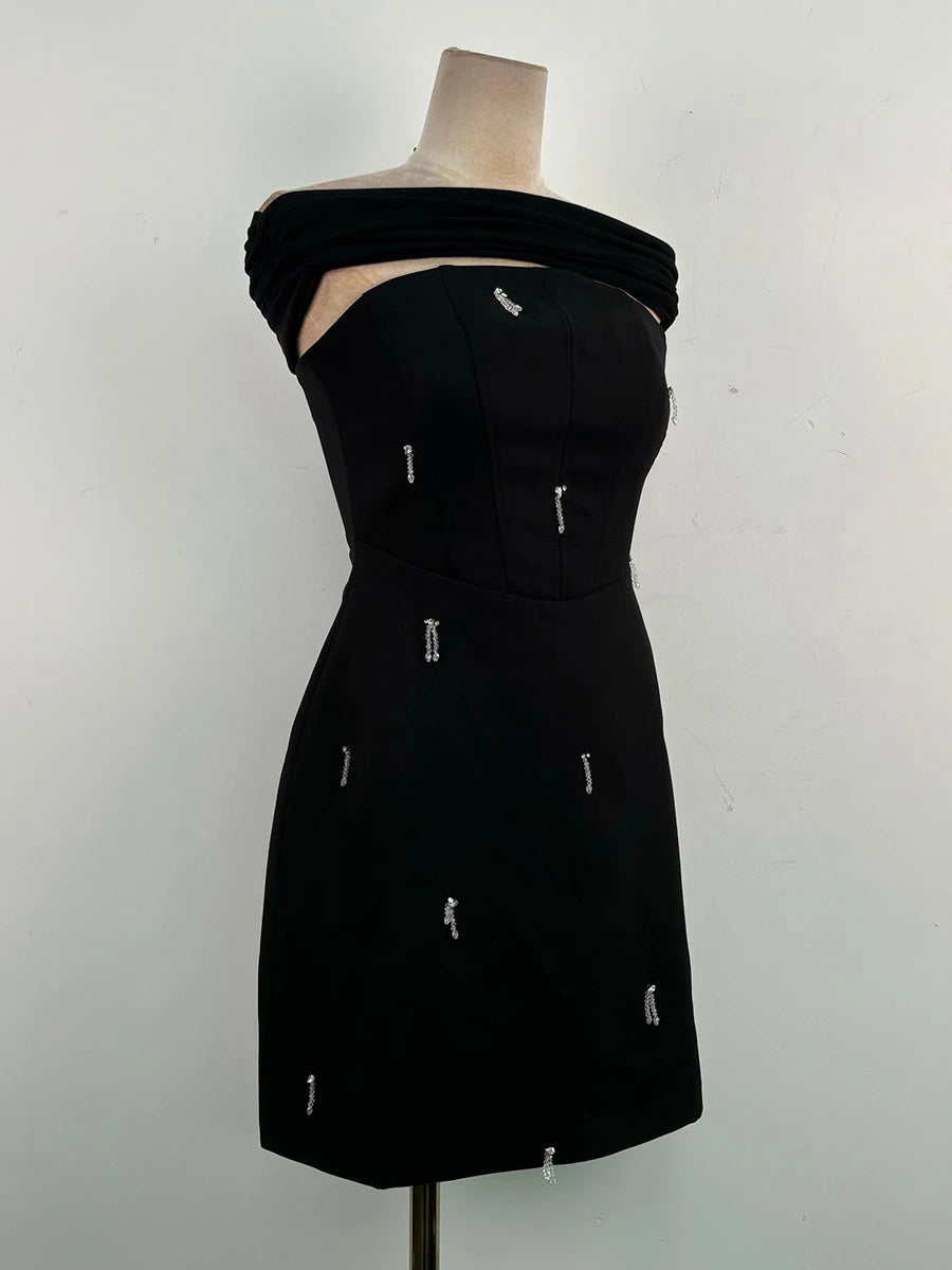 TWOTWINSTYLE Solid Slimming Spliced Bead Elegant Dresses for Women Strapless Sleeveless Temperament Mini Dress Female Fashion