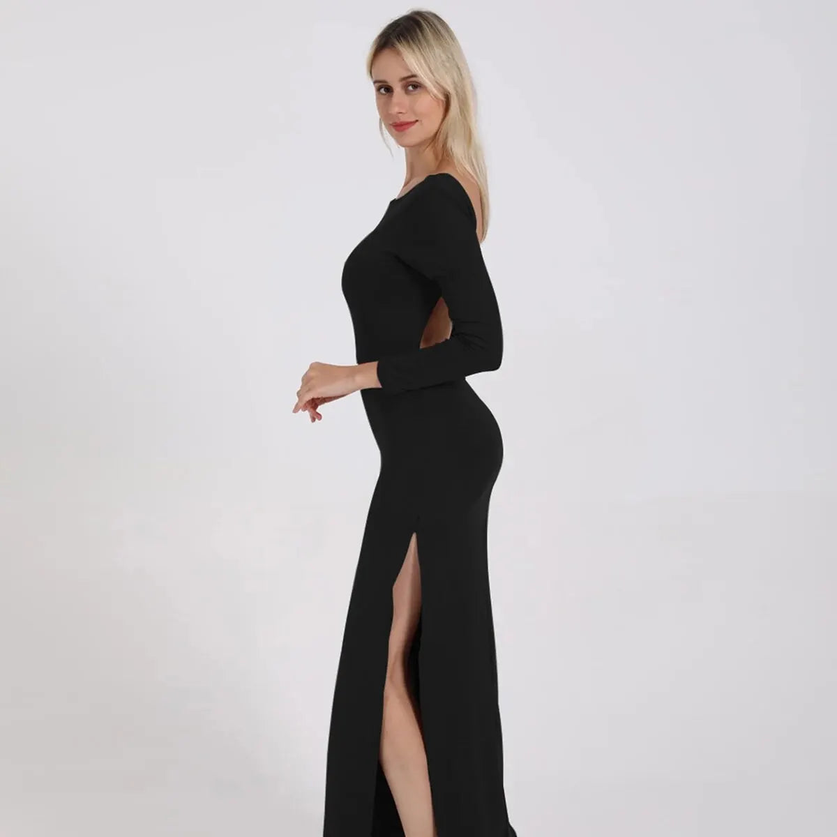 Sexy Women's Backless Round Neck Long Sleeve Tight Split Dress Spring/Summer Evening Party 2024 New Edition