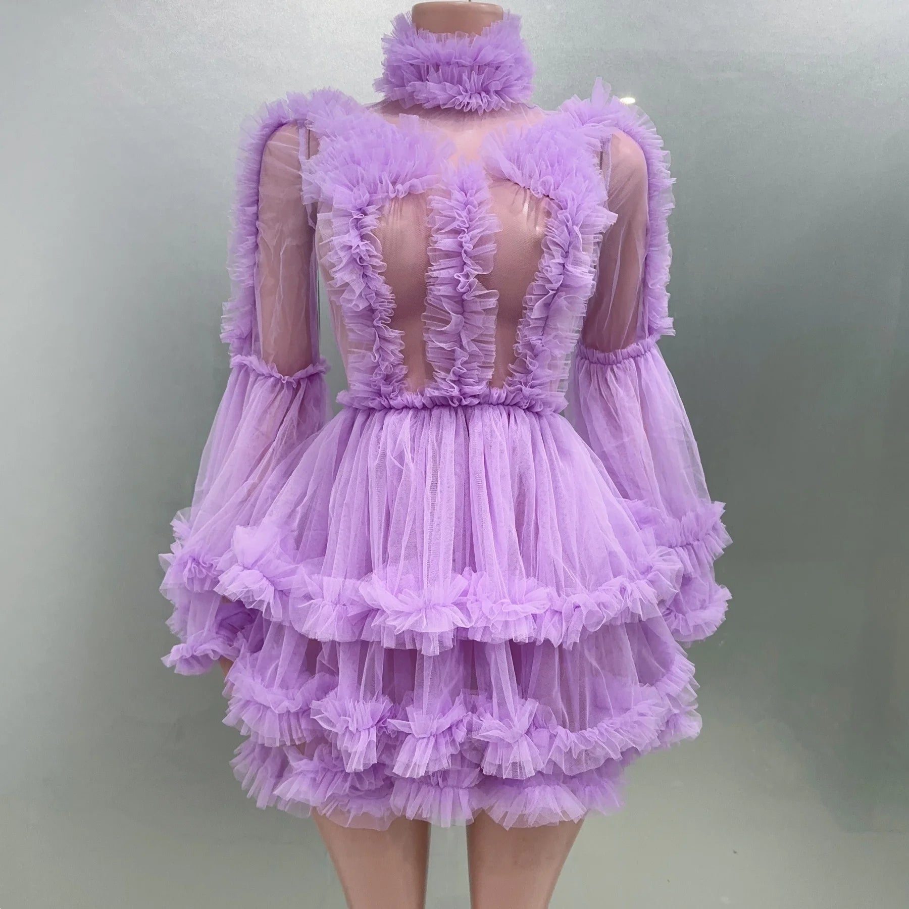 Purple Color Women Sexy  Puff Sleeve Mesh Ruffles Mini Dress Birthday Celebrate Party Girls' Photo Shoot Wear Vestido