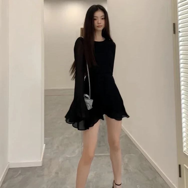 HOUZHOU Backless Black Dress Women Elegant Back Hollow Out Lace-up Long Sleeve Mesh Patchwork Sexy Slim Ruffle Mini Dress Party