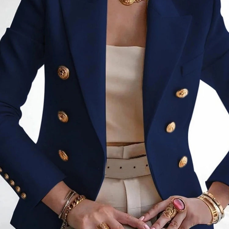 Chic Blazer Women Autumn New Korean Fashion Notched Long Sleeve Double Breasted Suits Jackets Solid Slim Casual Female Coat Navy Blue