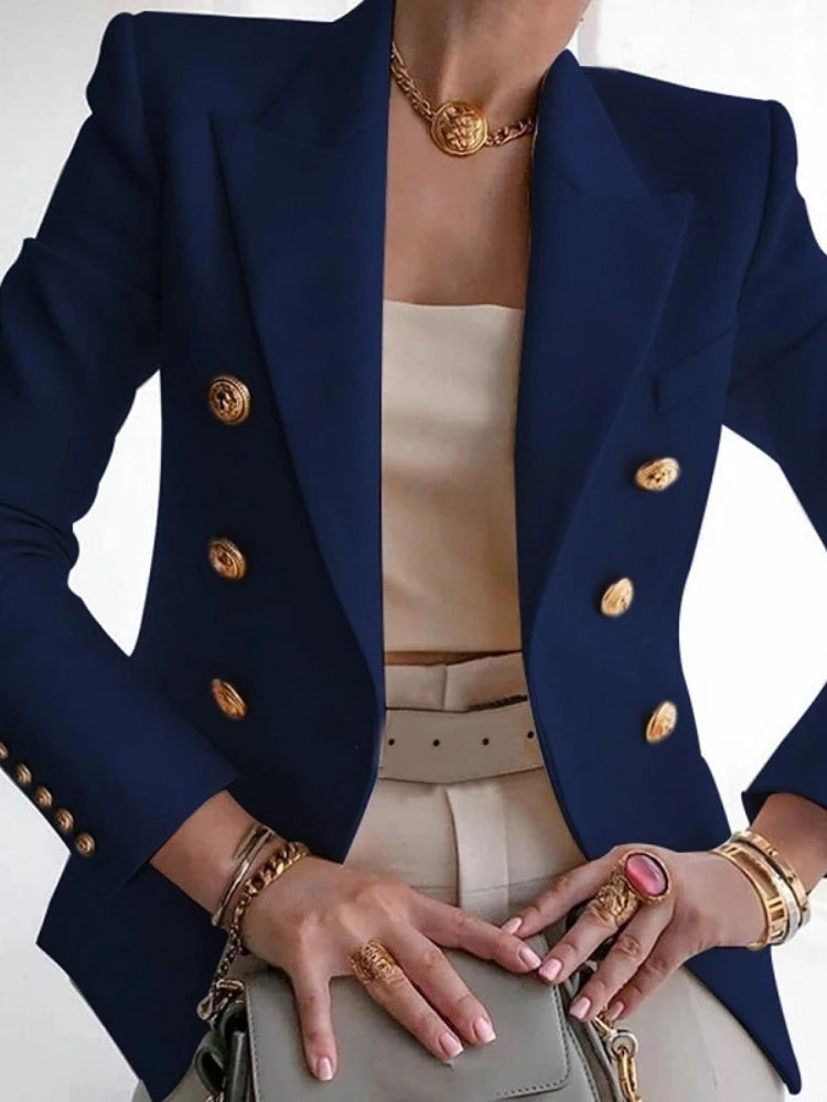 Chic Blazer Women Autumn New Korean Fashion Notched Long Sleeve Double Breasted Suits Jackets Solid Slim Casual Female Coat Navy Blue