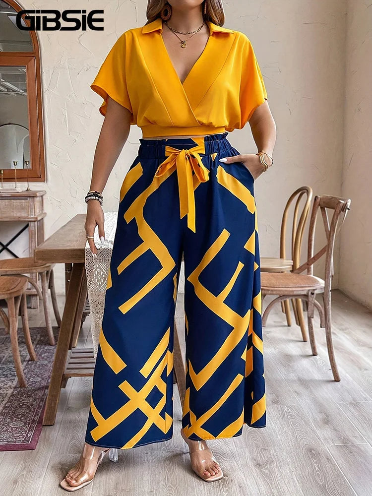 GIBSIE Plus Size Pants Set Women Summer V-neck Short-sleeved Crop Top Printed Tie Front Wide Leg Trousers Vacation Two-piece Set