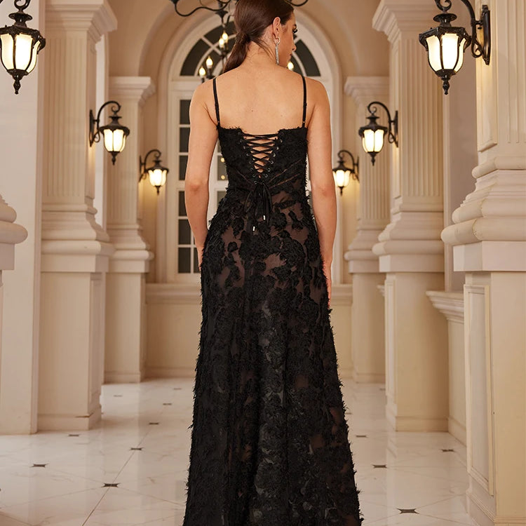 Formal Occasion Dresses Maxi Black Appliques Dresses for Dancing Parties Long Elegant and Beautiful Women Dress