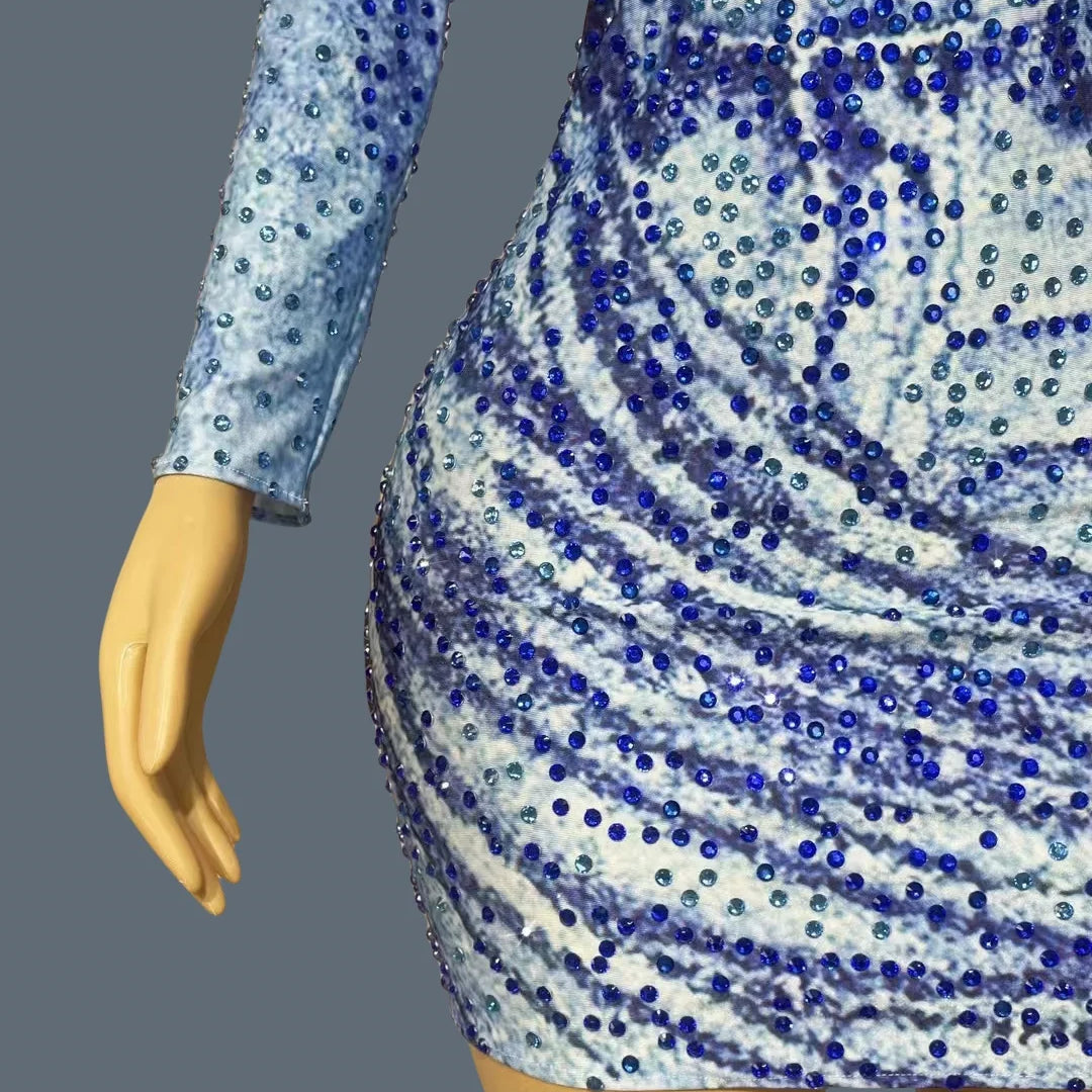 Fashion Sparkly Blue Rhinestones Long Sleeve Mini Dress Club Hot Girls Birthday Party Performance Show Skinny Dress Lanniuzai