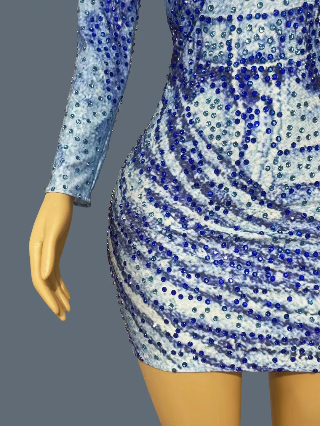 Fashion Sparkly Blue Rhinestones Long Sleeve Mini Dress Club Hot Girls Birthday Party Performance Show Skinny Dress Lanniuzai
