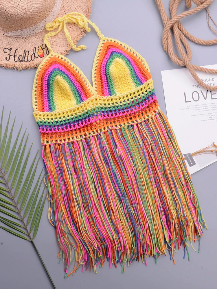 Crochet Hollow Out Tassel Beach Cover Up Sexy Women Mini Tops Beachwear Bikini Swimwear Bathing Suit Cover Up Bikini Top One Size