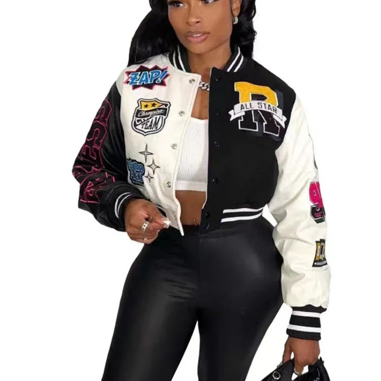 Women Overcoat Casual Letter Print Patchwork Baseball Uniform Jacket Round Neck Button Fall Coat Autumn Winter Short Jacket Black