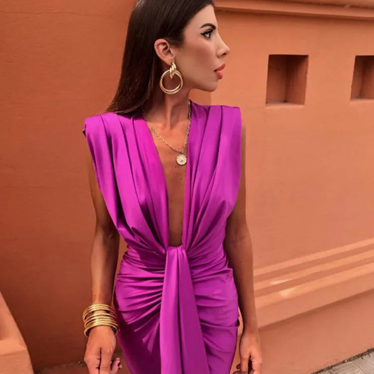 Sexy Deep V Neck Flods Split Dress Women Elegant Solid Sleeveless Midi Vestidos Summer New Ladies Evening Party Robes