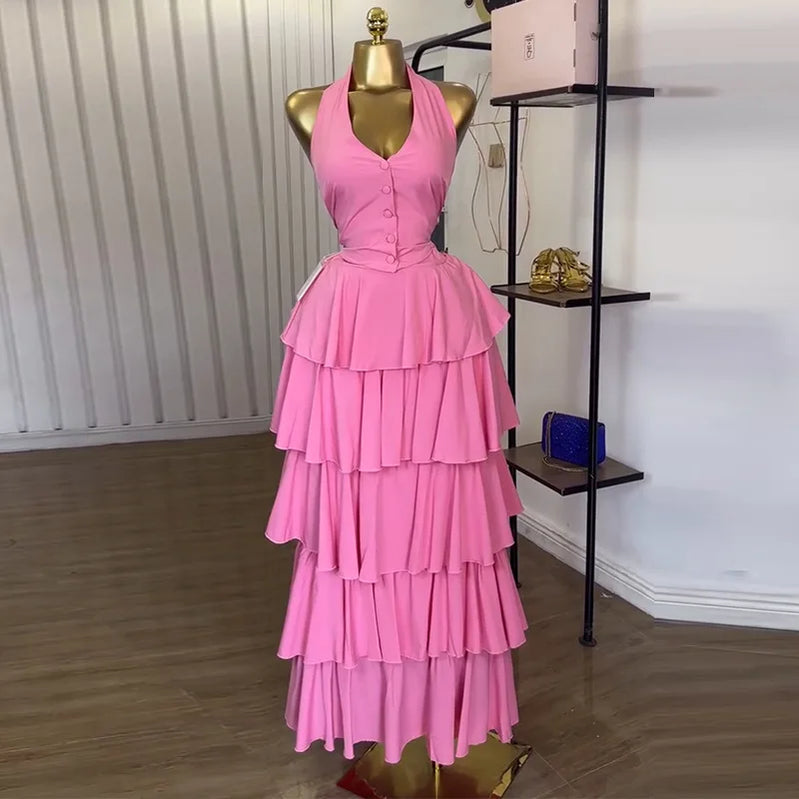 CM.YAYA Women's Dress Set Sleeveless Vest Tops and Pleated Tiered Skirts Suit Elegant Holiday Birthday Two 2 Piece Set Outfits pink