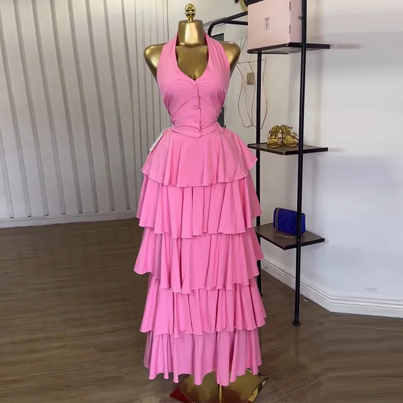 CM.YAYA Women's Dress Set Sleeveless Vest Tops and Pleated Tiered Skirts Suit Elegant Holiday Birthday Two 2 Piece Set Outfits pink