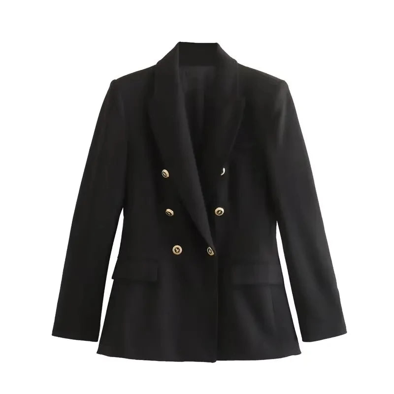 Women's Fashion Long Sleeve Lapel False Pocket Trim Blazer Women's Elegant Double Breasted Solid Color Suit Autumn Black