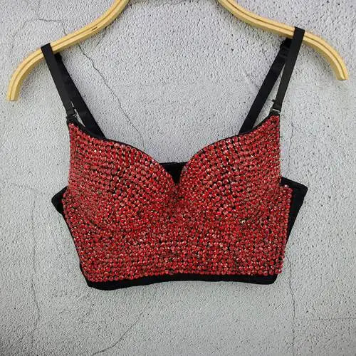 Rhinestone Bead Bustier Corset Pearls Diamond Push Up Night Club Bralette Women's New Fashion Bra Cropped Tops Plus Size Red