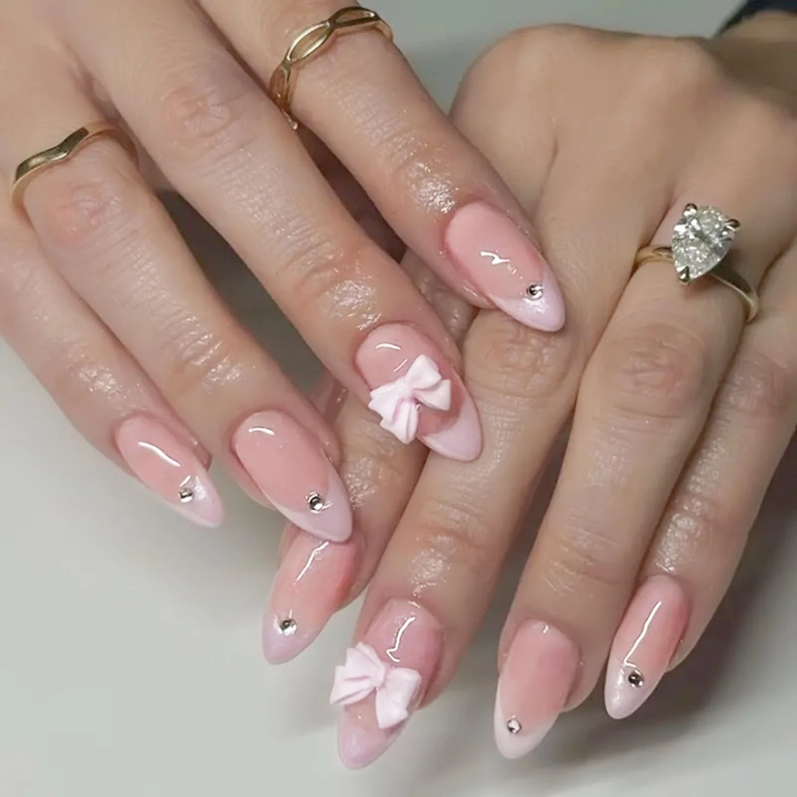 Pink French Style Fake Nails Almond Ballerina Press on Nails 3D Bowknot Designs Nude Color Stick-on False Nails Tips 24Pcs
