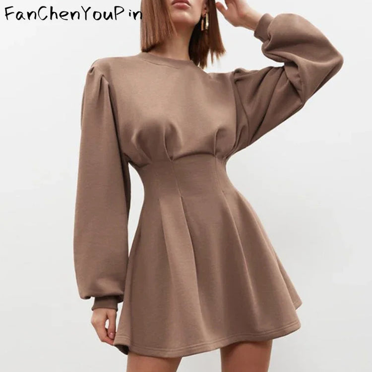 Spring Summer Women's Dress A-line Lantern Sleeves O-neck Short Skirt Vintage Slim Fit Pleated Temperament Dresses Female