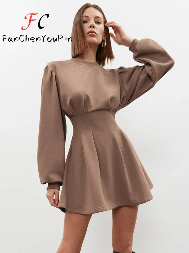 Spring Summer Women's Dress A-line Lantern Sleeves O-neck Short Skirt Vintage Slim Fit Pleated Temperament Dresses Female